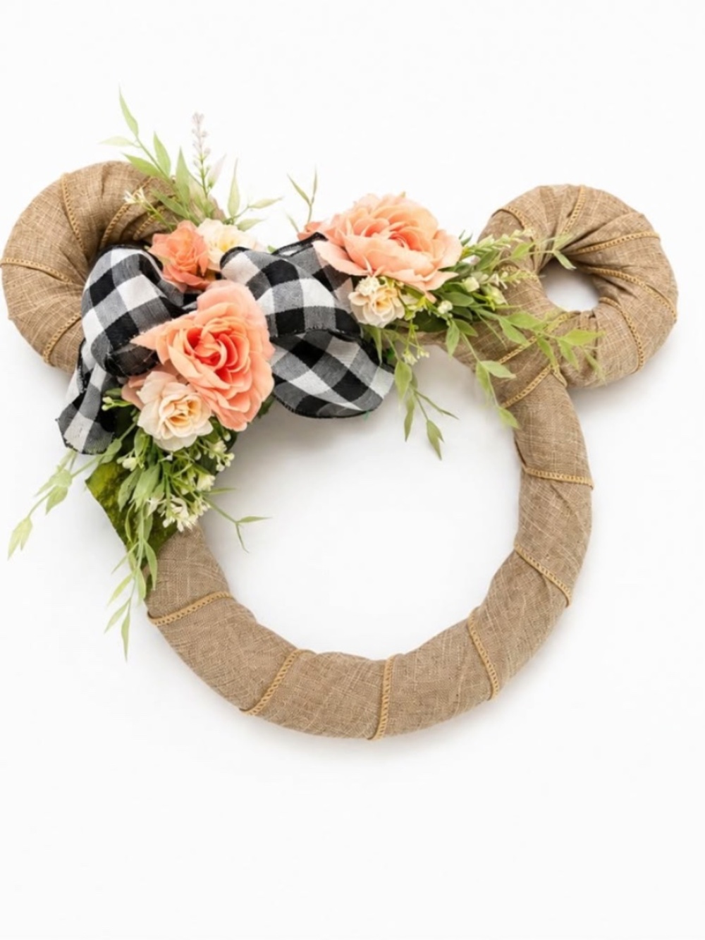 Disney Inspired Mickey Mouse Floral Wreath | Burlap Buffalo Check Farmhouse Door
